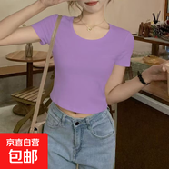 純色露肚臍短款修身上衣女打底衣2023年夏裝高腰圓領(lǐng)短袖t恤女P 炫大圓領(lǐng)短T紫色 M