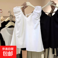 甜美露背系帶小飛袖娃娃襯衫女夏季獨特別致上衣高腰短款外穿背心 2996白色 L 【建議111斤-斤】