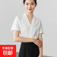 法式短袖v領(lǐng)襯衫女職業(yè)通勤白色百搭輕熟緞面上衣女夏 白色 CD3 L