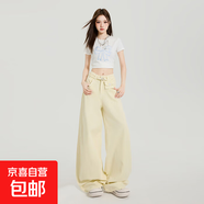 奶黃色腰包闊腿牛仔褲女夏季新款美式腰寬松垂感直筒彎刀褲長(cháng)褲 奶黃色 1981 奶黃色加長(cháng)+腰包 XL