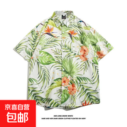 東南亞夏威夷短袖花襯衫五分袖男女同款情侶沙灘度假夏季碎花襯衣 5117白色 XL