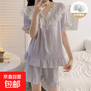 2025年新款睡衣女款夏季天短袖梭織棉帶胸墊網(wǎng)紅風(fēng)套裝蕾絲公主風(fēng) 465紫色 M