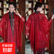 新款純色夏季蕾絲鏤空流蘇刺繡披肩女優(yōu)雅性感外搭氣質(zhì)配旗袍絲巾 連袖披肩酒紅色