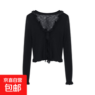 【溫柔風(fēng)】秋新款女裝木耳邊系帶針織開(kāi)衫小外套 黑色 均碼
