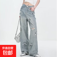 美式復古蝴蝶結破洞牛仔褲女夏新款磨破設計感小眾秋裝懷舊直筒褲 淺藍色 L