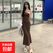 2025甜辣妹無袖收腰露背吊帶連衣裙女夏季純欲氣質(zhì)魚尾包臀裙 咖色 XL