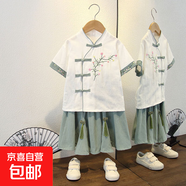 漢服女孩夏季襦裙套裝甜美復(fù)古中國風(fēng)兩件套女童夏裝短袖半身裙 吊穗裙套裝綠色 100 100