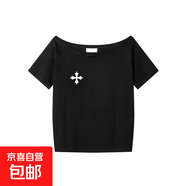 美式字母印花斜肩上衣女簡(jiǎn)約寬松顯瘦露肩短袖T恤insGXXX94-50548 黑色 M