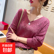 V領(lǐng)鉤花鏤空針織衫罩衫女寬松薄款2023年防曬寬松蝙蝠衫長袖上衣 玫瑰紅 均碼