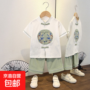 童裝男童夏季漢服兒童中國風(fēng)夏款短褲套裝寶寶女童短袖唐裝兩件套 圓圈雙龍套裝豆綠色 120