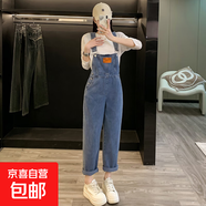 2025年秋季新款高腰顯瘦女褲寬松韓版直筒牛仔背帶褲小個(gè)子百搭 藍(lán)色 常規(guī) M （建議95-110斤）
