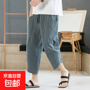 【高檔亞麻】七分褲男褲子夏季寬松短褲7分褲中國風(fēng)棉麻沙灘中褲 灰綠色 2XL