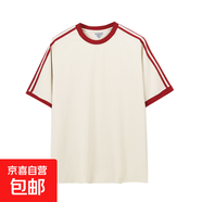 美式復(fù)古三條杠撞色圓領(lǐng)短袖t恤夏季冰感棉防曬UP50寬松上衣YB 米白色 M