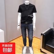 2025夏季新款圓領(lǐng)短袖T恤男半袖體恤潮流時尚百搭拼接撞色上衣QP 0663服飾D271黑色 XL