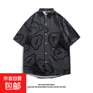 潮牌小眾ins短袖襯衣男BF夏季休閑沙灘印花襯衫街頭寬松半袖上衣 3114深灰色 L