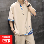夏季冰絲短袖t恤2025夏裝新款休閑中國風(fēng)套裝唐裝寬松一套漢服男 10602-1-TZ200卡其 XL
