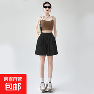 【速干】2025新款夏季女裝休閑闊腿褲高腰百搭冰絲短褲女褲 K01-黑色 M 建議90-105斤