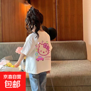 兒童短袖純棉T2025新款男女童卡通印花哪吒卡皮巴拉寶寶短袖 白色-H凱蒂貓雙面印 160