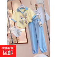 女童夏裝套裝裙多巴胺穿搭2025新款洋氣夏季中大童短袖褲子兩件套 藍色褲子套裝 130