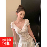 法式白色蕾絲波點V領短袖T恤女夏季純欲辣妹風修身小個子短款上衣 愛心短袖 M