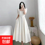 【赫本風(fēng)】顯瘦連衣裙女2025新款夏收腰小黑裙法式方領(lǐng)過(guò)膝長(cháng)裙 白色 XL