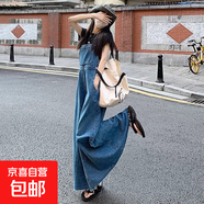 減齡氣質(zhì)中長(cháng)款開(kāi)叉牛仔背帶裙女秋冬新款大碼收腹顯瘦連衣裙 藍色中長(cháng)款牛仔背帶裙單件 S