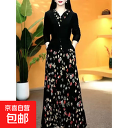 假兩件連衣裙女時(shí)尚長(cháng)袖V領(lǐng)拼接顯瘦碎花中長(cháng)款裙媽媽裝 黑色 有口袋 3XL 3XL120-135斤