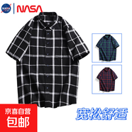 NASALIKE格子襯衫男士潮牌復(fù)古帥氣寬松短袖襯衣美式休閑半袖 黑色 -NASA-S111短襯 4XL