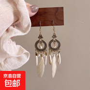 超仙流蘇異域風(fēng)情民族風(fēng)仙氣羽毛耳環(huán)復(fù)古波西耳環(huán)墜出游拍照耳飾 白色 耳夾款