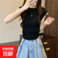 夏季粉色甜美小飛袖上衣女修身短款甜辣別致蕾絲拼接短袖T恤BYNT 黑色 S