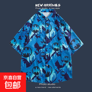 港風(fēng)三亞夏威風(fēng)短袖花襯衫沙灘套裝 戶外旅游情侶款休閑寬松外套 2107藍(lán)色 M