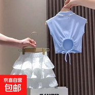 女童甜美半身裙套裝夏季洋氣中大童女孩背心蛋糕裙百褶裙兩件套 TNZ-1223【藍衣白裙】 160