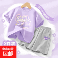 【2件套】女童套裝夏季2025新款洋氣純棉短袖女孩運(yùn)動(dòng)服兒童夏裝 炫彩心香芋紫+兩線心K灰 140