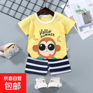 【兒童短袖套裝】純棉男童T恤寶寶夏季童裝中小女短褲嬰兒衣服 F27-眼鏡猴 100 cm