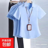 2025夏季V領(lǐng)白襯衫女通勤修身職業(yè)工裝保險房產(chǎn)銷(xiāo)售免燙短袖襯衣 6213藍色【v領(lǐng)】短袖 XL 推薦【110-120斤】