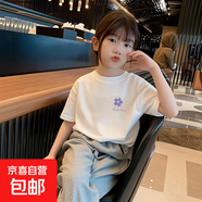 2025新款女童夏季打底衫純棉短袖T恤女寶寶韓版小花T恤兒童上衣潮 2329白色 130