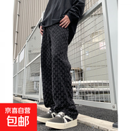歐美高街hiphop褲子潮牌痞帥炸街提花滿(mǎn)印牛仔褲男美式vibe直筒褲 黑色 B119-XZ L