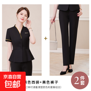短袖職業(yè)西裝套裝女夏季薄款酒店前臺接待工裝美容院美容師工作服 黑色外套+西褲 L