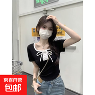 純欲風(fēng)蝴蝶結短袖t恤女2025夏季日系正肩小衫修身顯瘦百搭短款DM 螞蟻T05黑色 L