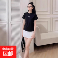 2025字母刺繡短袖T恤女夏季韓國女裝修身女式圓領(lǐng)學(xué)生衣服女上衣 黑色 M