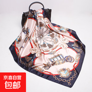 大方巾90cm女士禮品歐美絲巾新款圍巾緞面仿真絲印花披肩批發(fā) D9027-藏青 十匹馬90cm