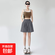 【速干】2025新款夏季女裝休閑闊腿褲高腰百搭冰絲短褲女褲 K01-深灰色 L 建議105-120斤