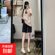 女裝25新款夏季超酷高腰寬松直筒五分短褲女牛仔褲 黑灰色 32