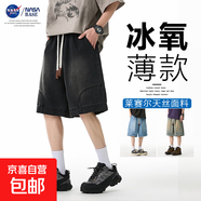 NASA BASE牛仔短褲男夏季水洗做舊直筒褲復古加大工裝五分褲薄款 JYF2306-黑色 L