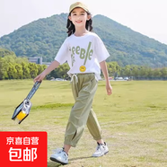 女童套裝2025新款夏裝時髦洋氣中大童運動兒童T恤褲子女孩兩件套 綠色 120
