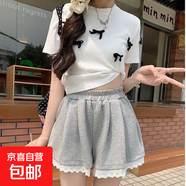 蕾絲花邊灰色休閑褲女夏季百搭顯瘦松緊腰寬松闊腿褲小眾外穿短褲 灰色 M