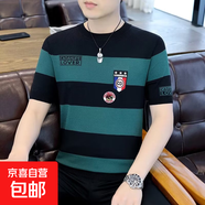 2025新款春夏季冰絲短袖t恤男士薄款條紋ins刺繡潮牌高端冰感體恤 墨綠色 4XL