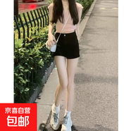 黑色牛仔短褲女含棉春秋薄款新款高腰寬松a字超短緊身熱褲辣妹 黑色 J07牛仔短褲 S