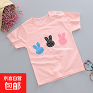 兒童短袖t恤純棉外貿童裝批發(fā) 夏季半袖女童體恤男童上衣半袖衣服 粉色三兔頭 110 /70#-建議身高100-110cm