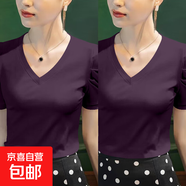 泡泡袖棉質(zhì)短袖T恤女士?jì)却钕募拘驴顨赓|(zhì)打底衫時(shí)尚休閑百搭上衣 K7-葡萄紫+葡萄紫 3XL 建議135-145斤